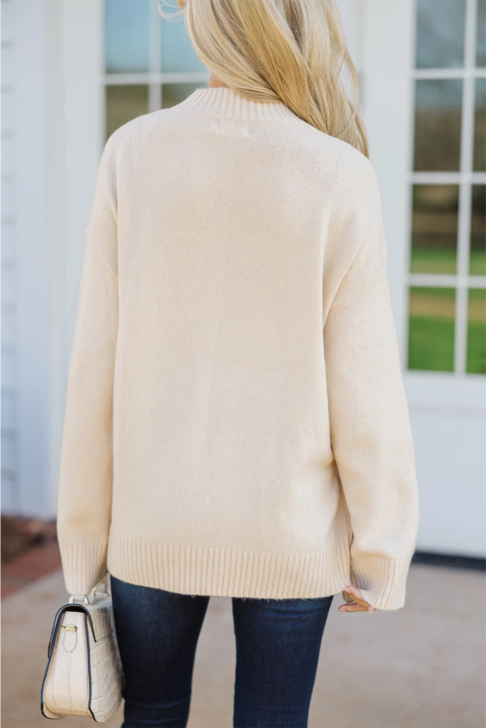White Embroidered Flower Bouquet Ribbed Trim Loose Sweater