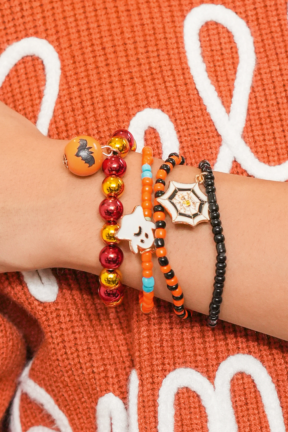 Orange 4pcs Halloween Ghost Spider Web Beaded Bracelet Set