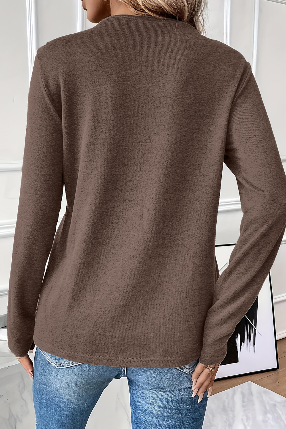 Chicory Coffee Solid Exposed Seam Crew Neck Long Sleeve Top