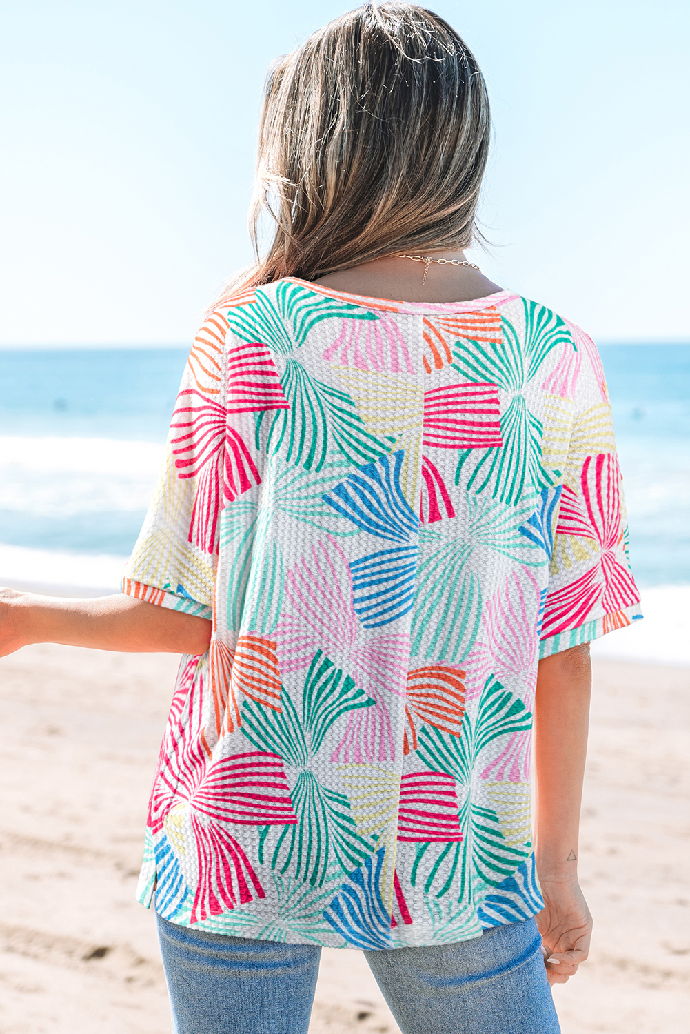 Multicolour Bowknot Printed Waffle Crewneck Loose Short Sleeve Top