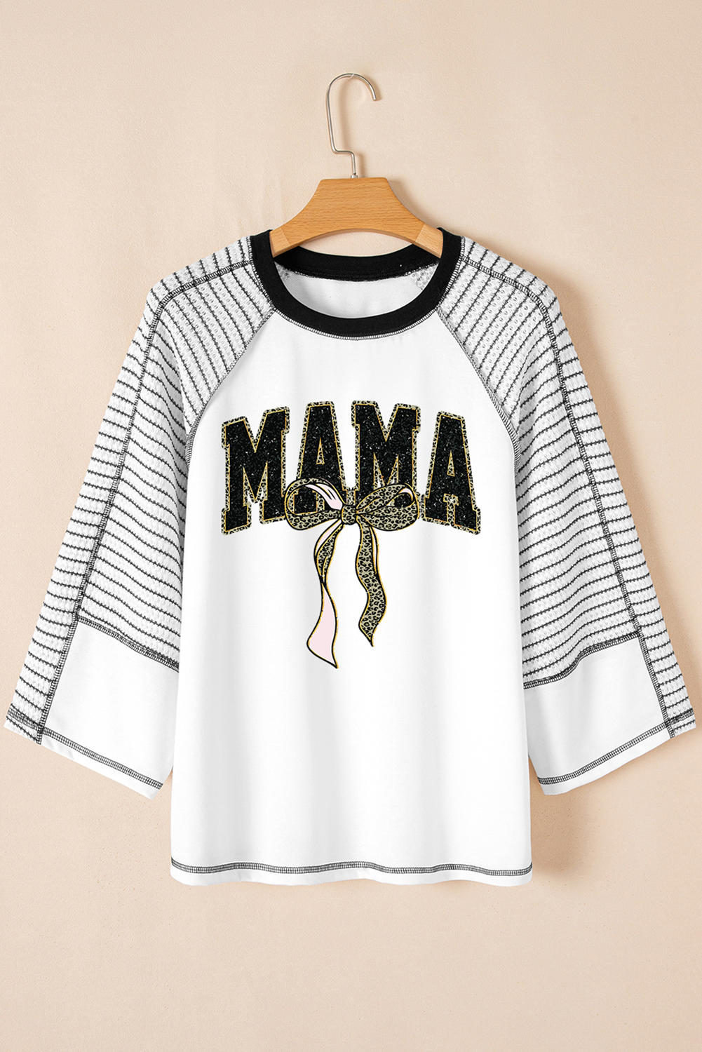 Black MAMA Leopard Bow Print Contrast Sleeves Loose Top