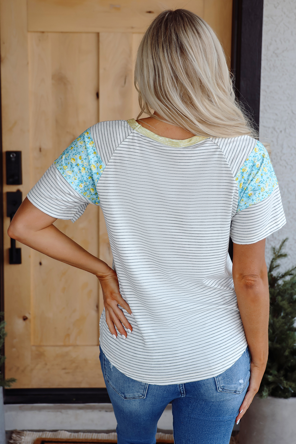 White Stripe Floral Insert Sleeves Contrast Round Neck Tee