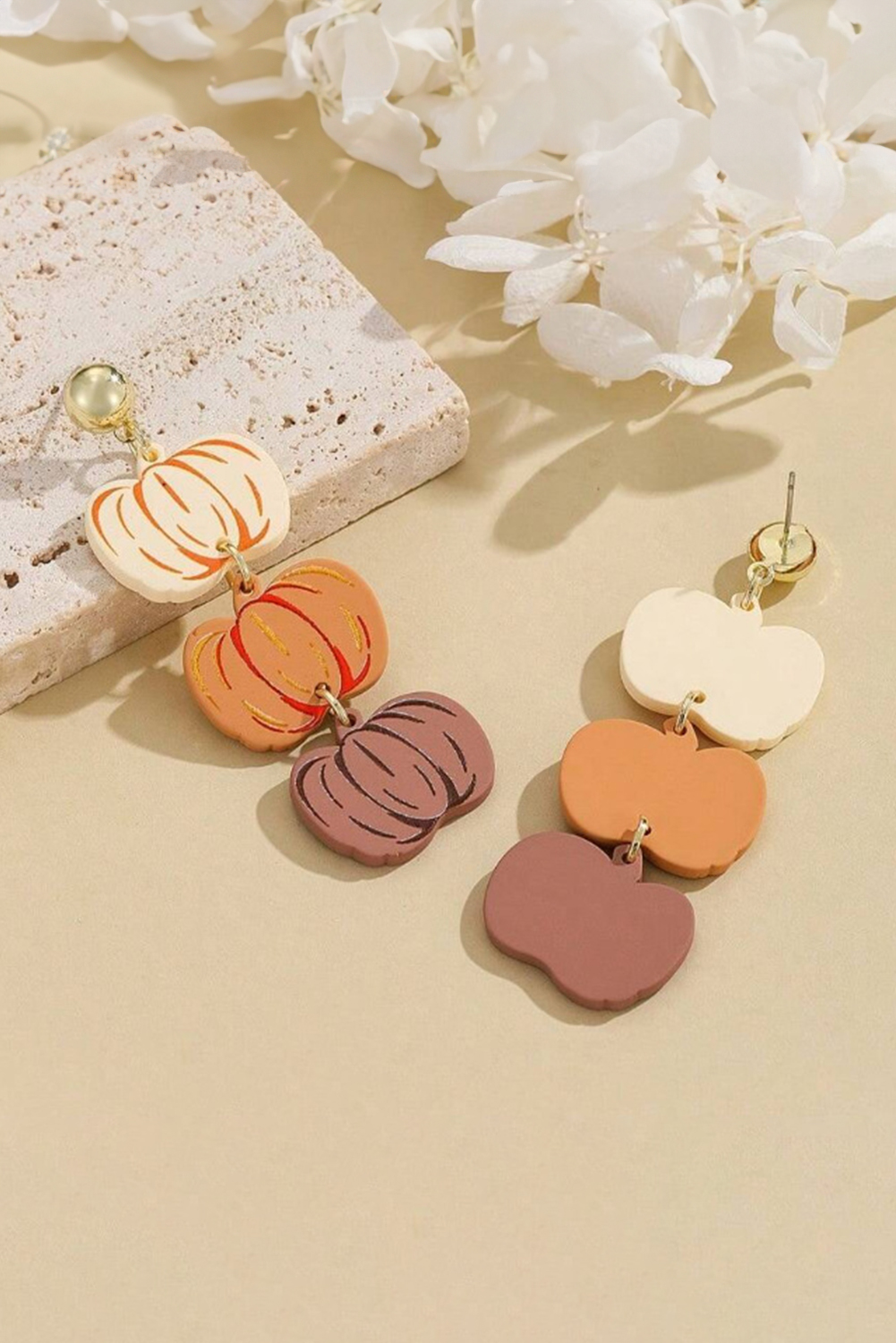 Russet Orange Acrylic Pumpkin Stack Stud Earrings