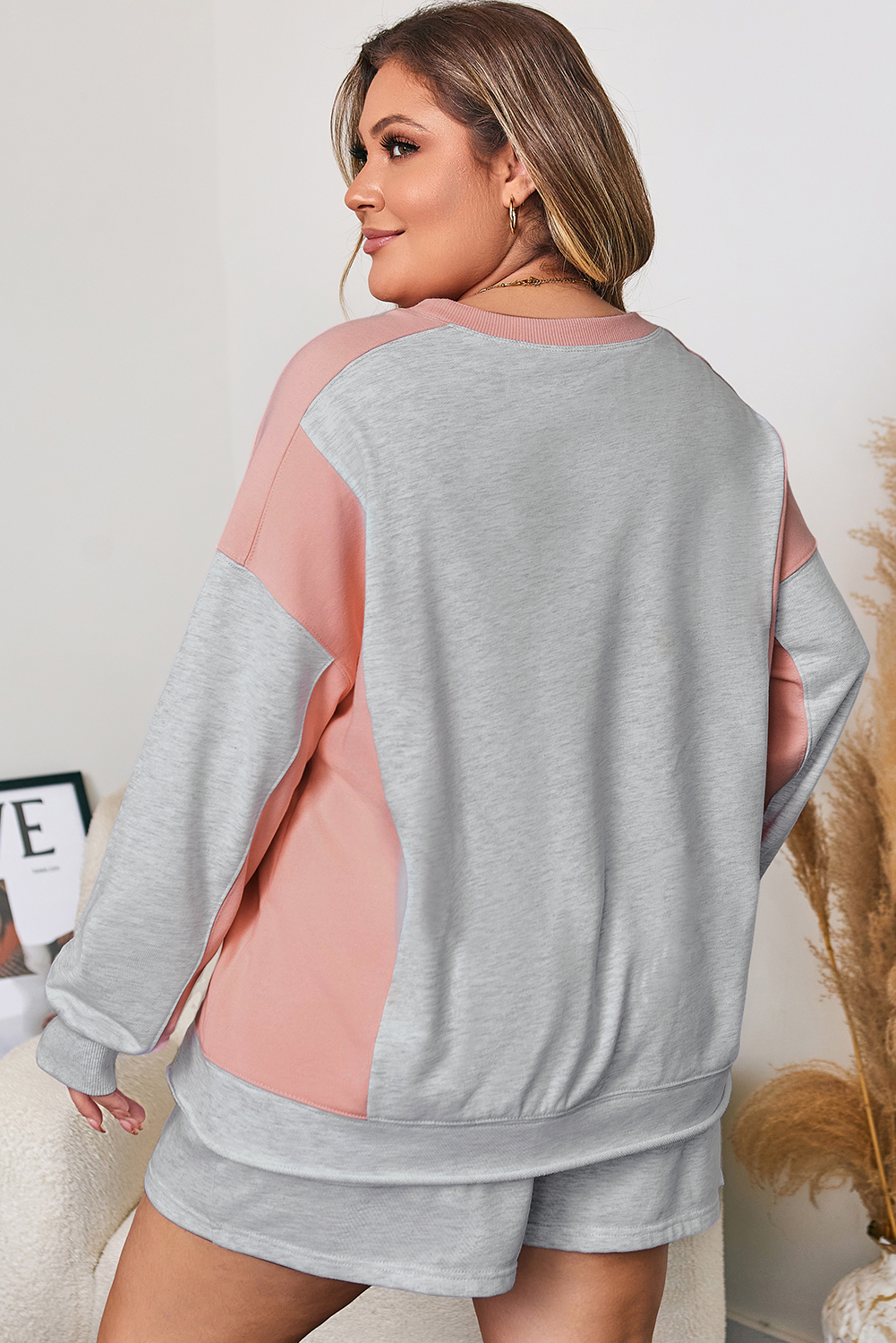 Light Grey Uneven Hem Colorblock Pullover Casual Shorts Plus Size 2pcs Outfit