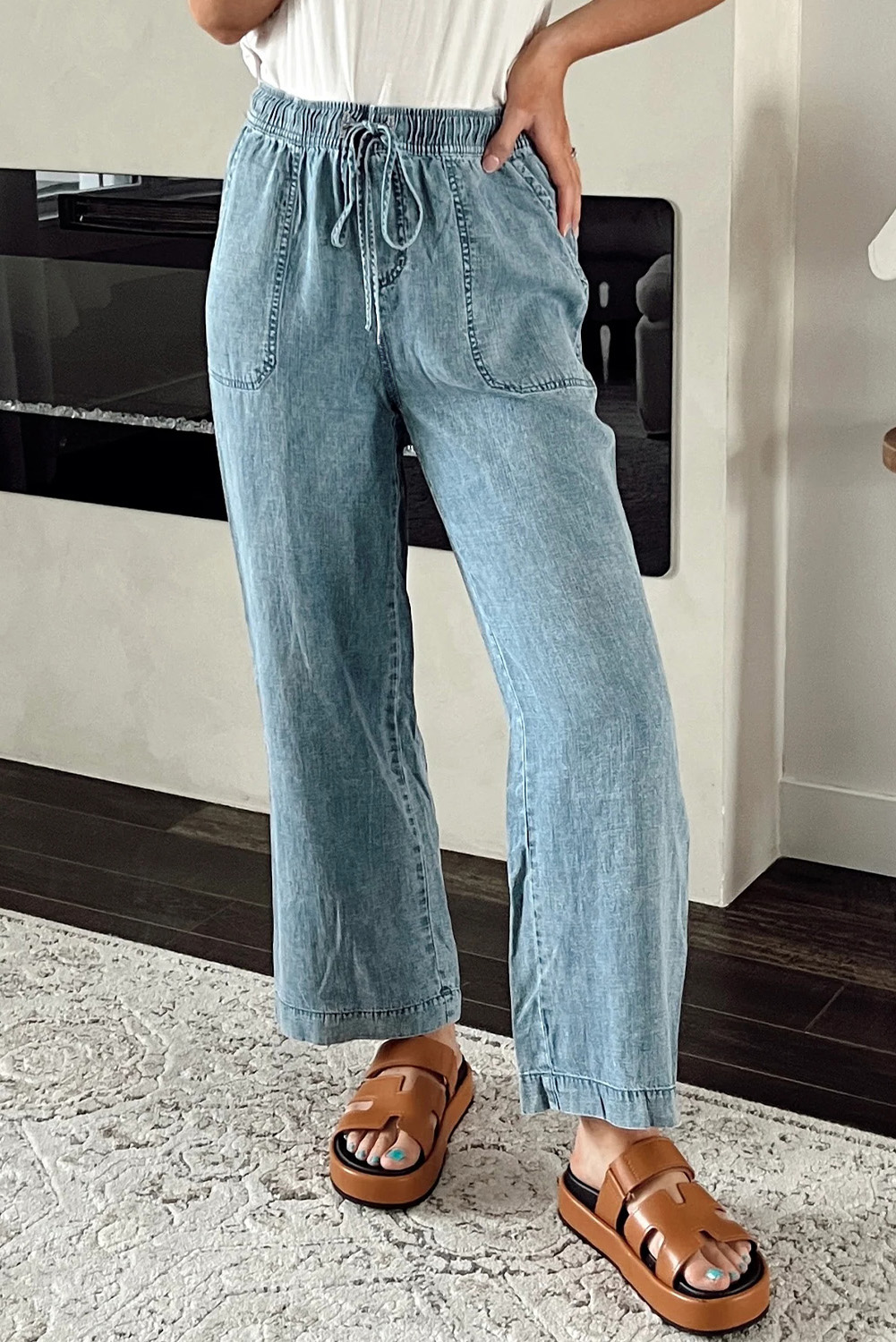 Myosotis Mineral Wash Drawstring Elastic Waistband Loose Straight Denim Pants