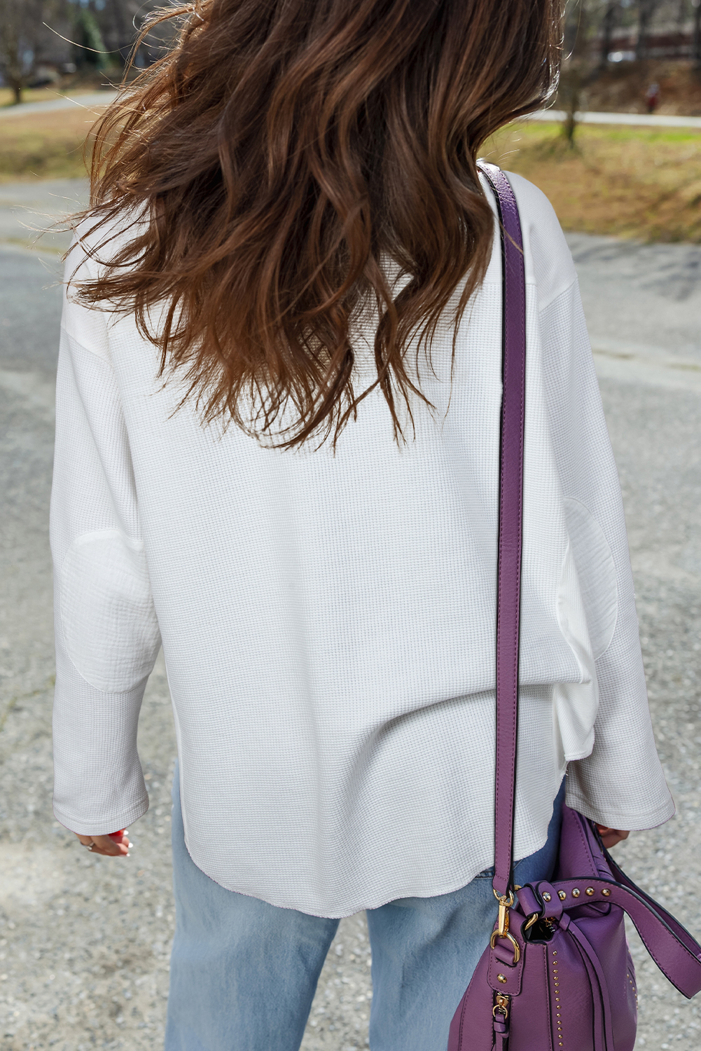White Solid Color Waffle Ribbed Patchwork Dolman Sleeve Oversize Knit Top