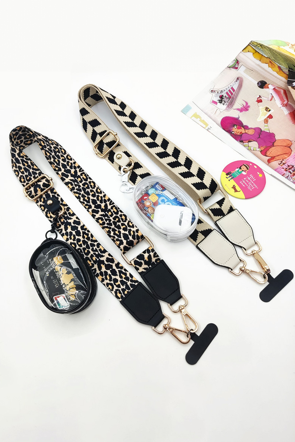 Black Leopard Adjustable Phone Hanging Shoulder Strap with Pouch