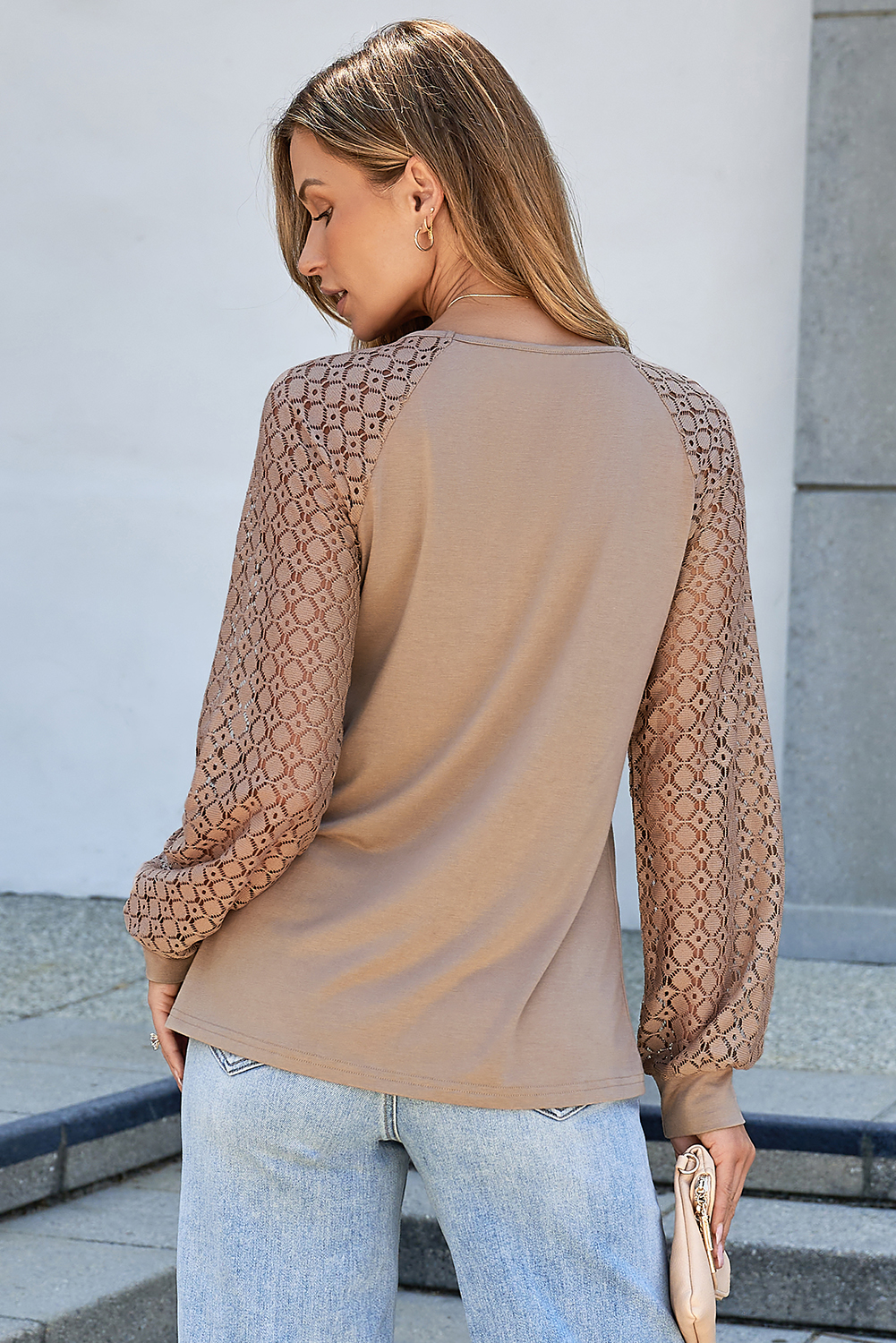 Parchment Lace Patchwork Long Raglan Sleeve Pleated Top