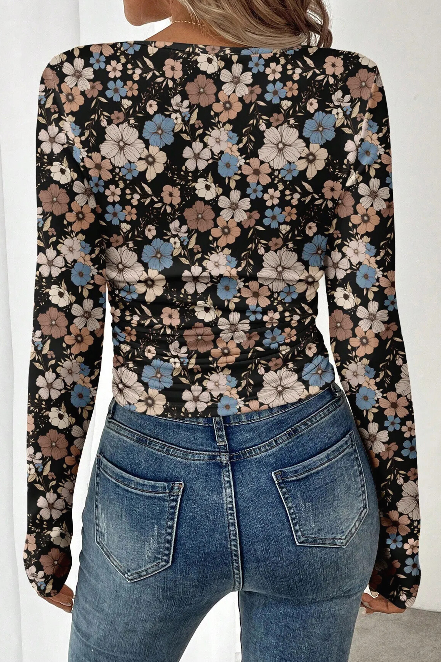 Black Floral Print Slim Long Sleeve T Shirt