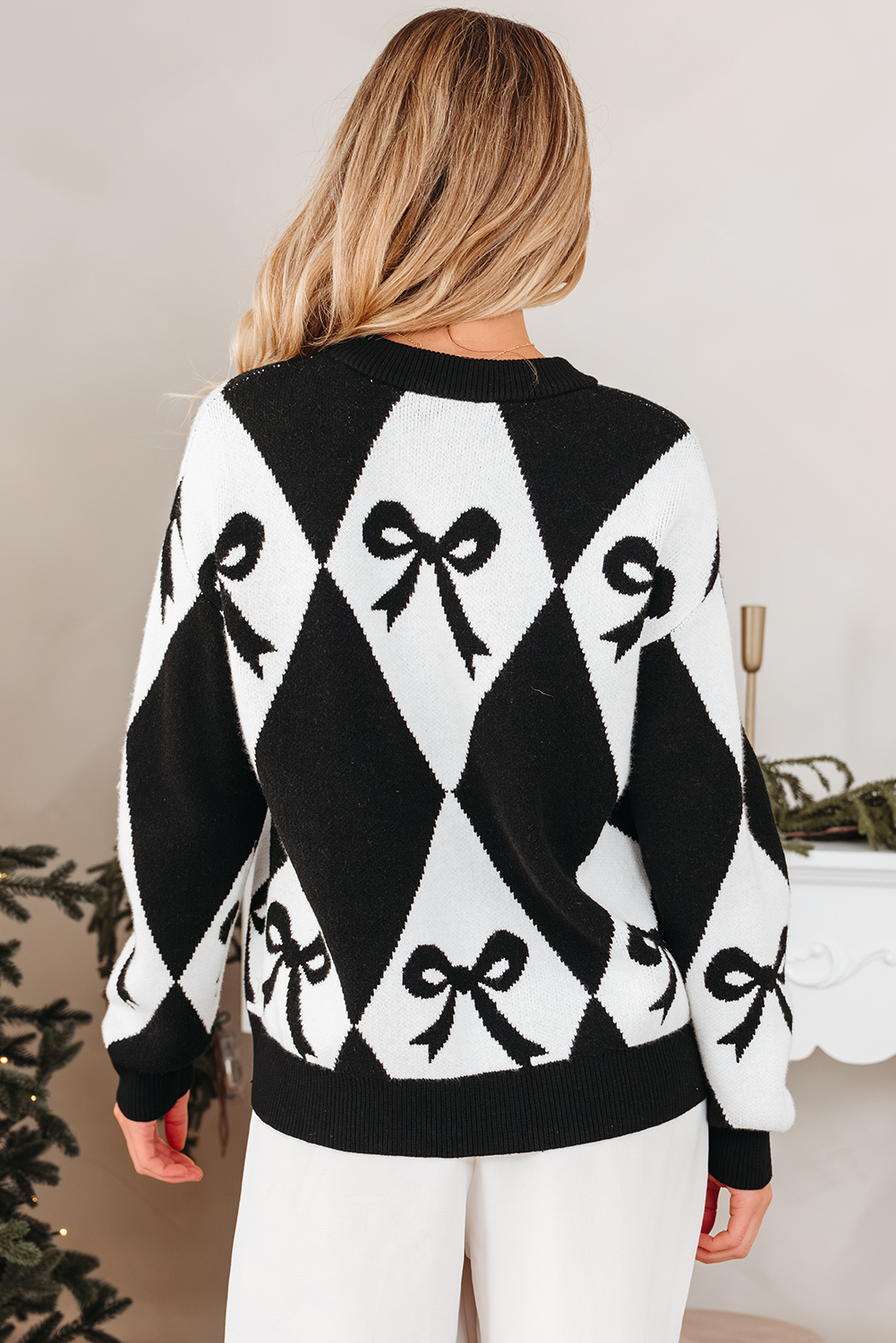 Black Bow Print 2-tone Rhombus Knit Loose Sweater