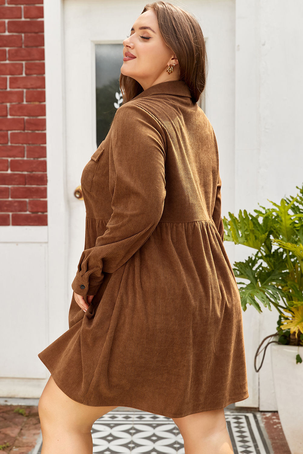 Camel Corduroy Full Buttoned Collared Shirt Style Plus Size Dress