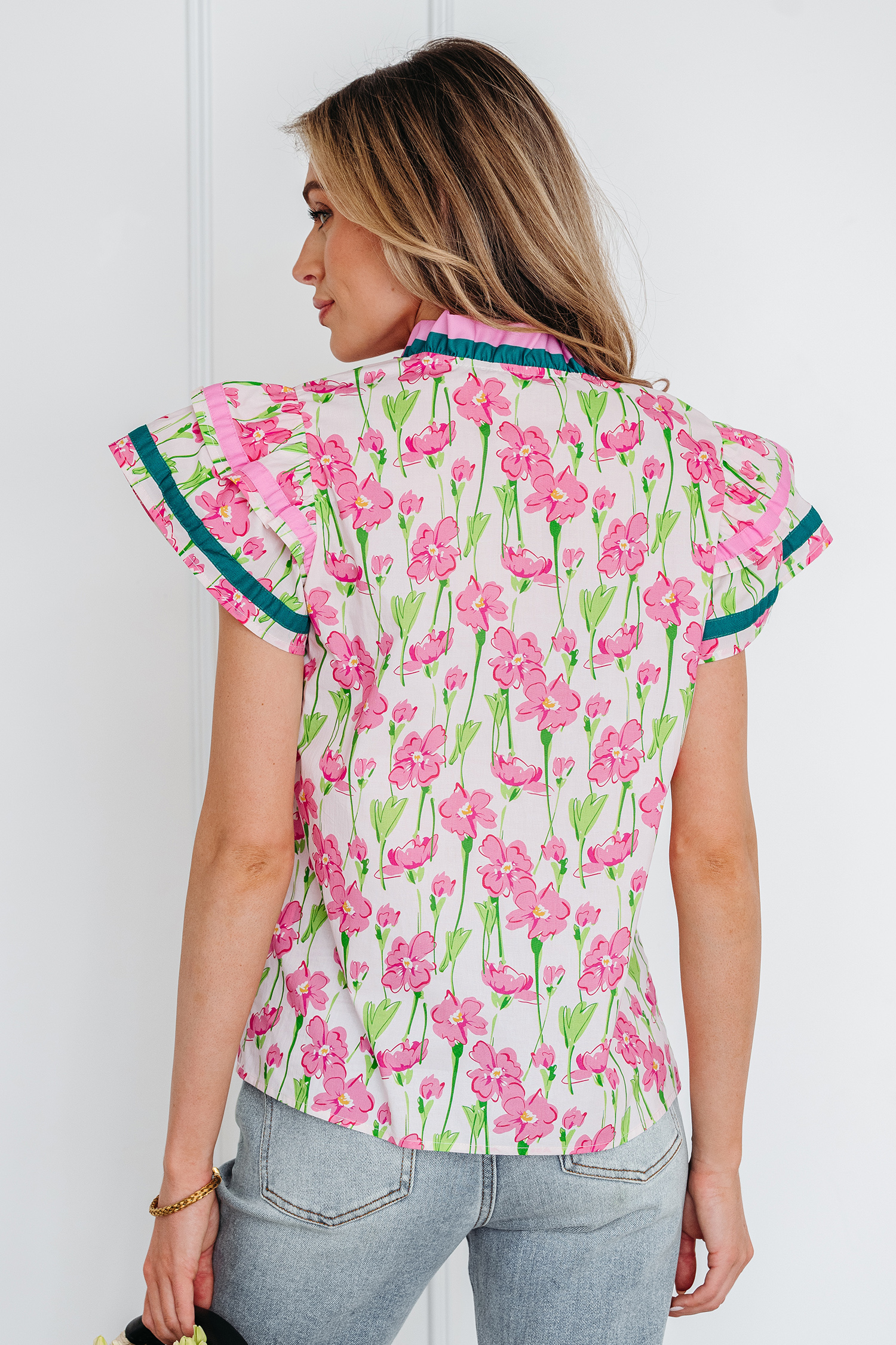 Pink Floral Print Contrast Trim V Neck Double Ruffled Short Sleeve Blouse