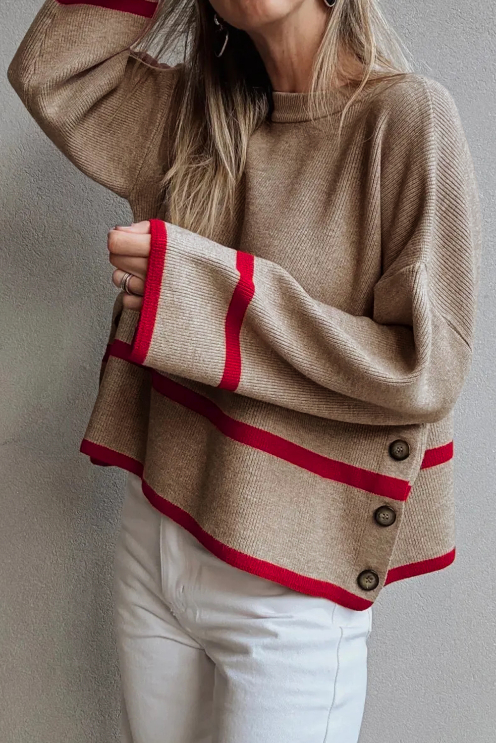 Simply Taupe Ribbed Knit Contrasted Stripe Detail Button Side Loose Sweater