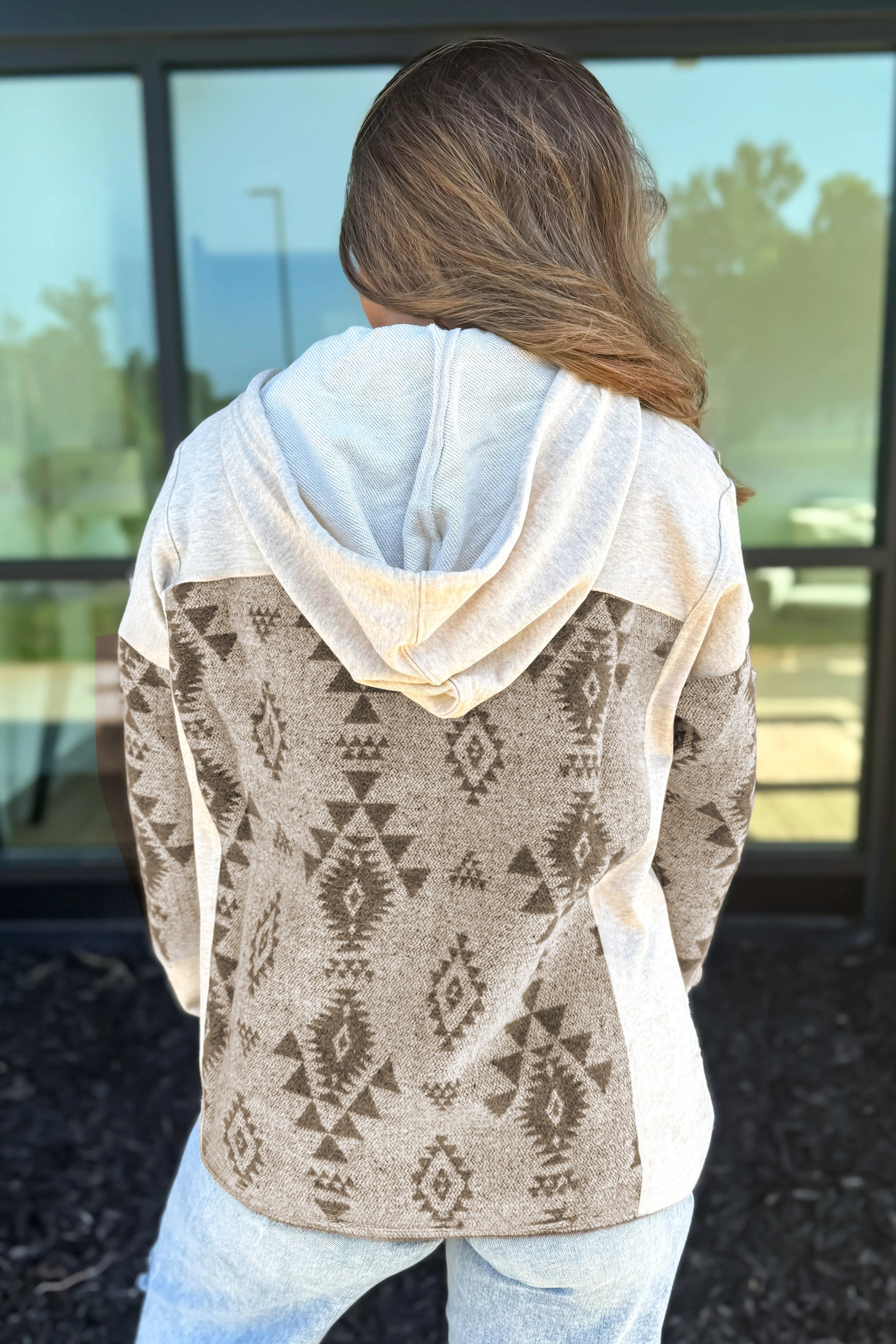 Gray Western Aztec Print Color Block Patchwork Drawstring Hooded Shacket