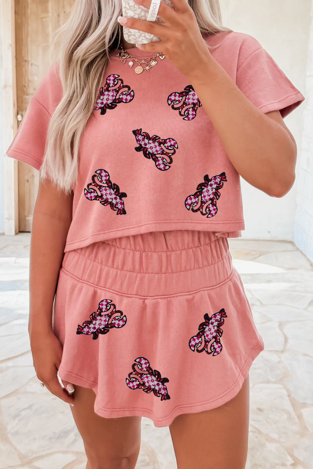 Blossom Sequined Lobster Patched Crop Tee and High Waist Short Set