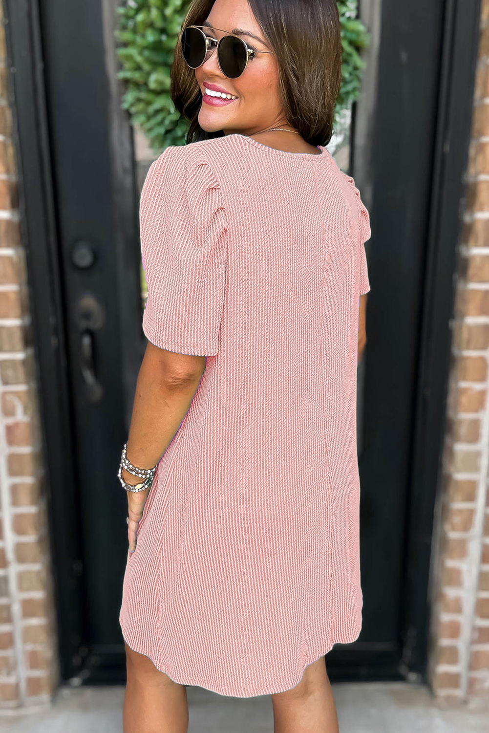 Blossom MAMA Bow Patched Graphic Puff Sleeve Corded Mini Dress