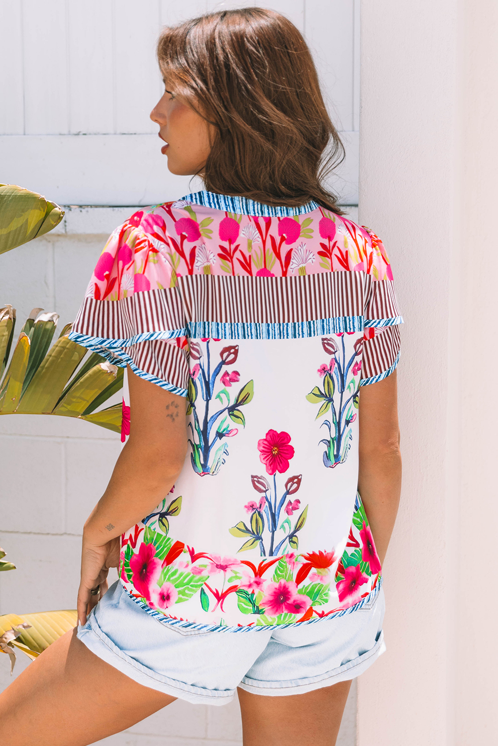 Pink Floral Striped Patchwork Short Sleeve Split Neck Blouse