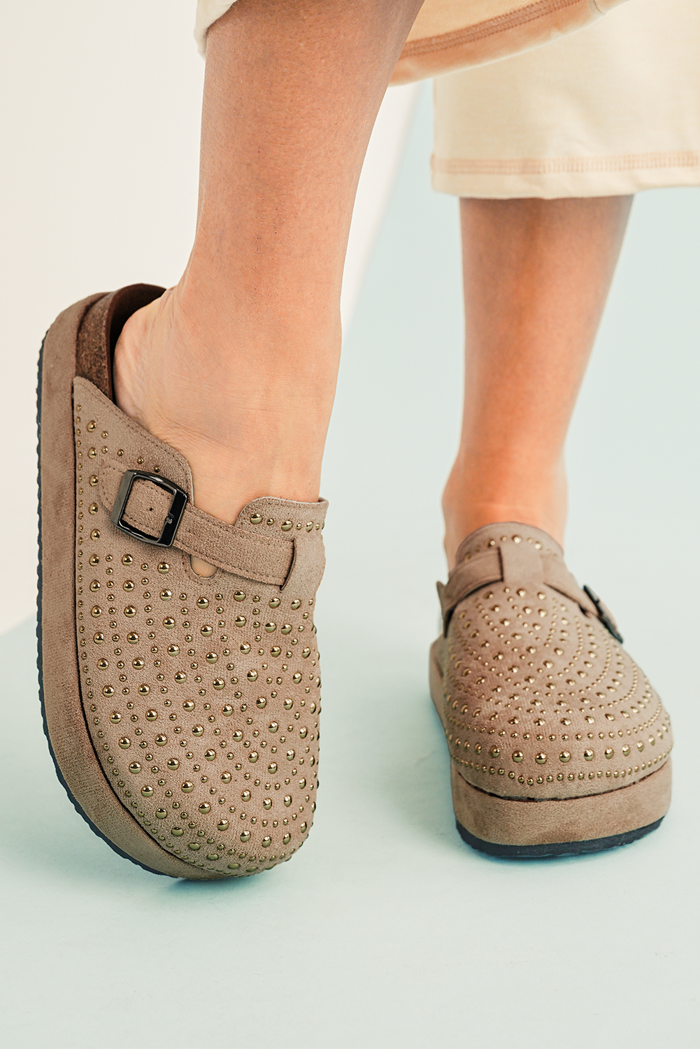 Parchment Rivet Buckle Closed Toe Platform Slippers