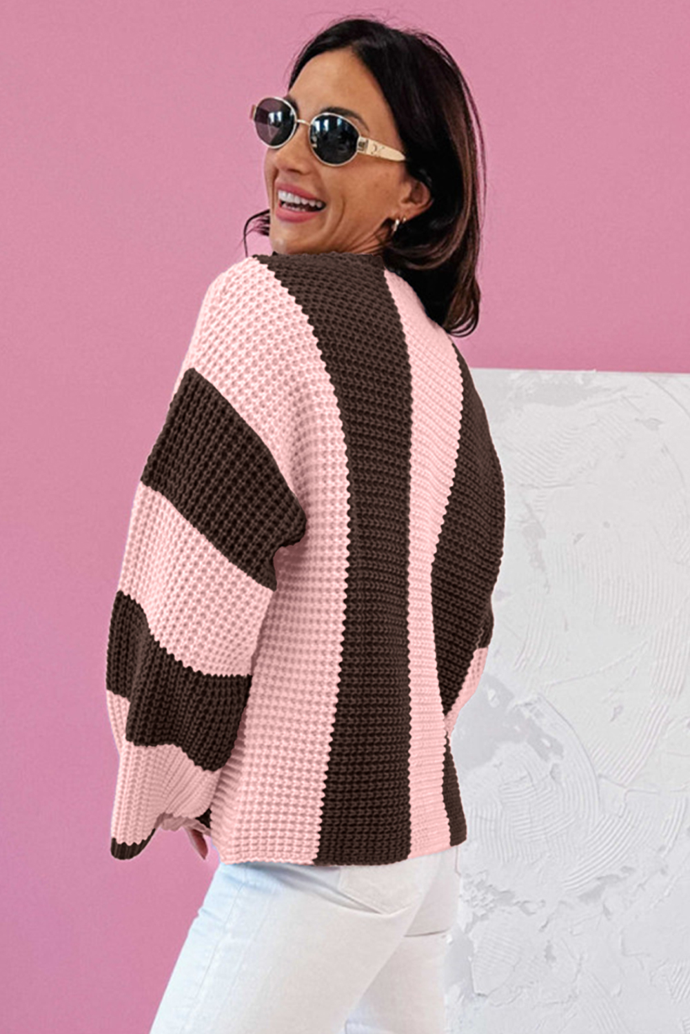 Fushia Striped Color Block Thermal Textured Knit Drop Shoulder Sweater