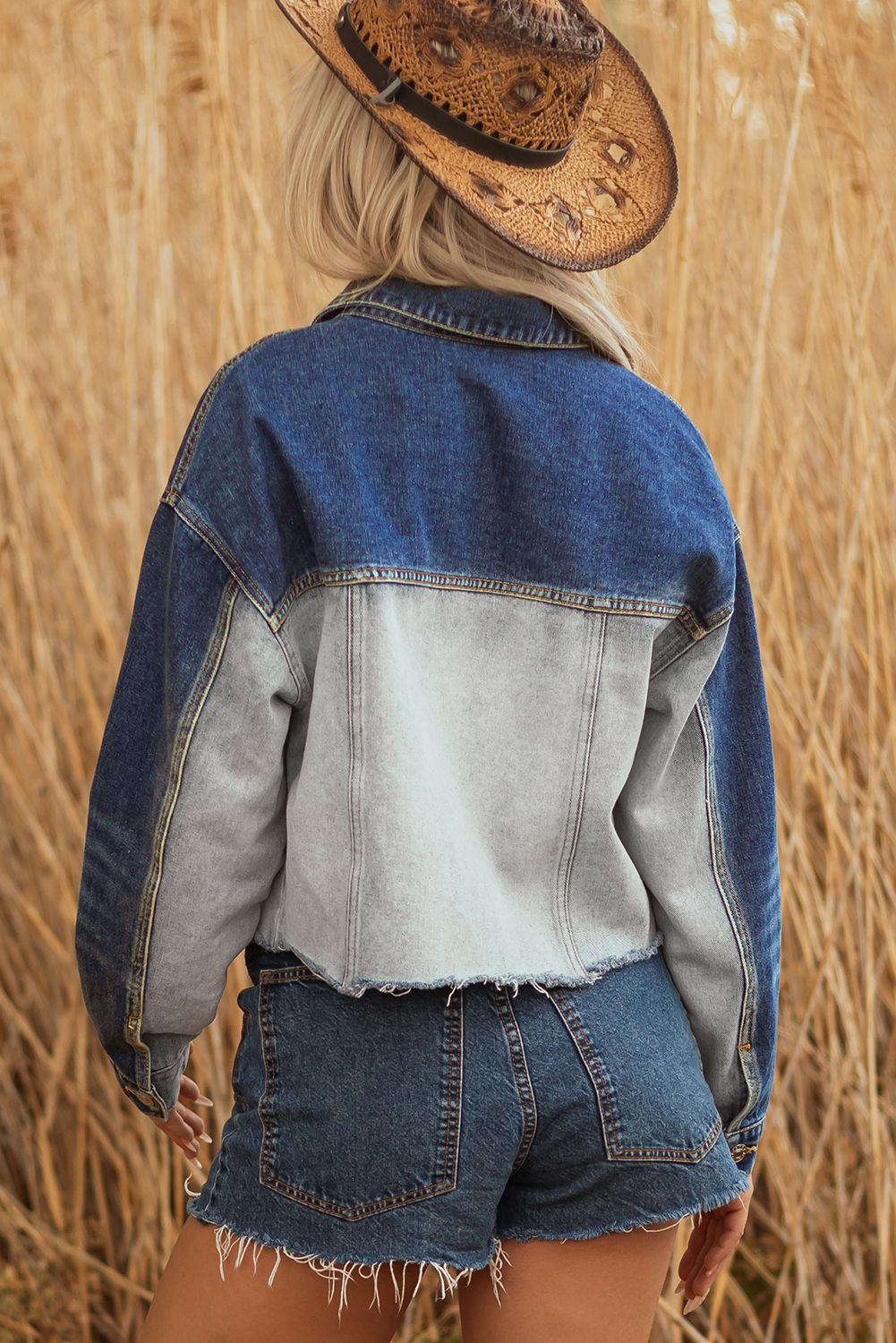 Dusk Blue Color Block Patchwork Flap Detail Distress Denim Jacket