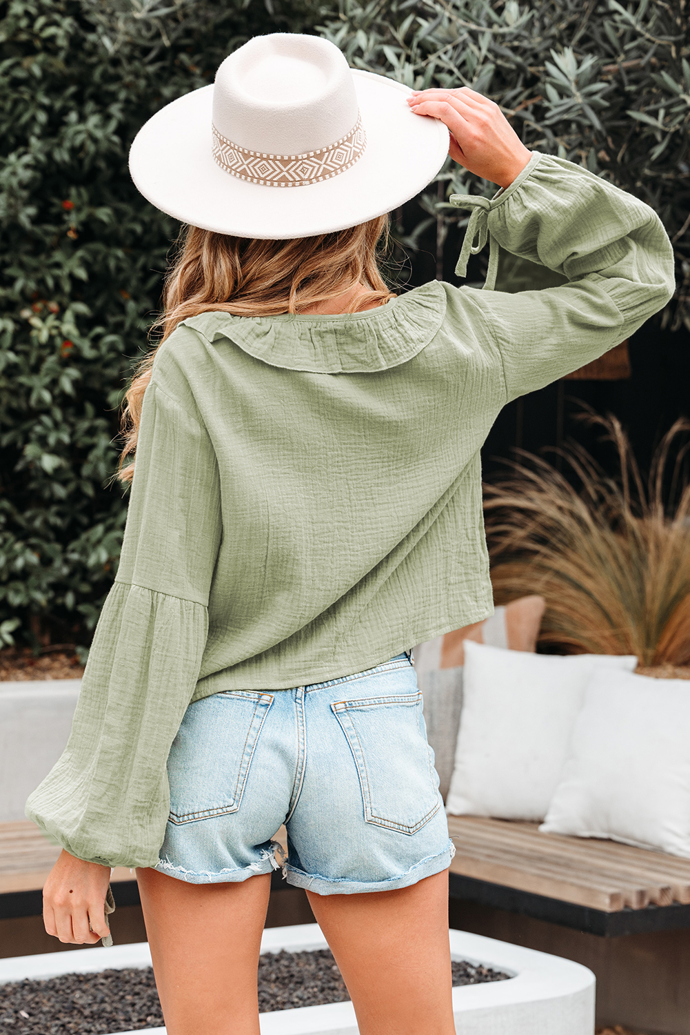 Meadow Mist Green Bow Tie Front Ruffle Trim V Neck Long Sleeve Gauze Blouse