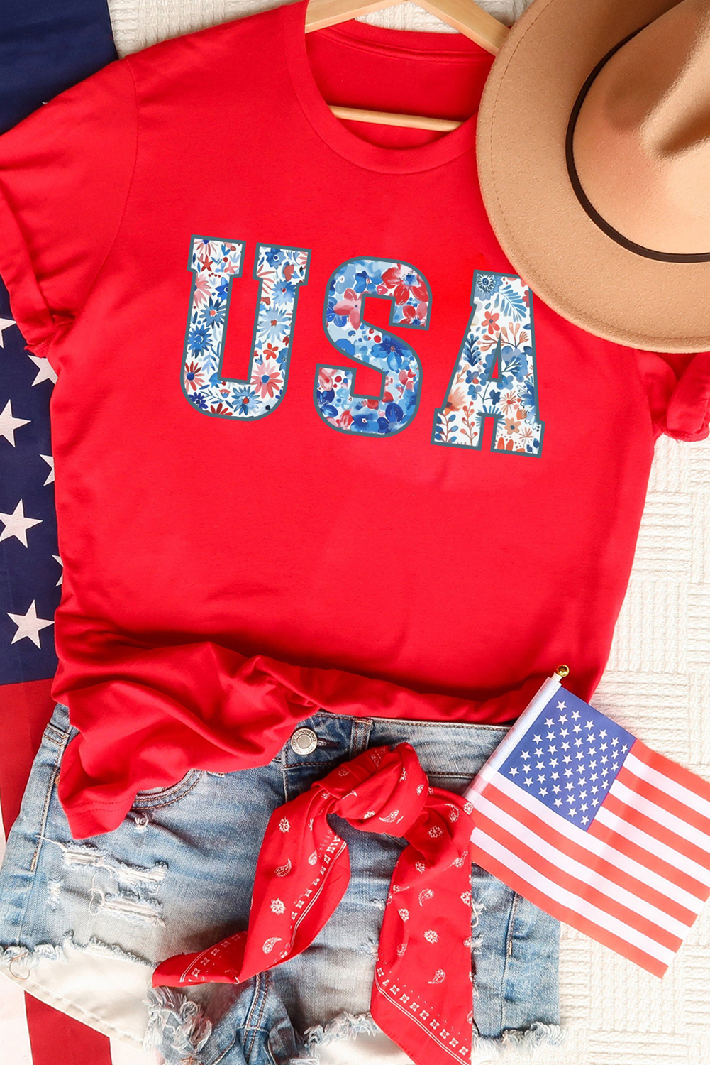 Red Floral USA Graphic Cuffed Sleeve Crew Neck Tee