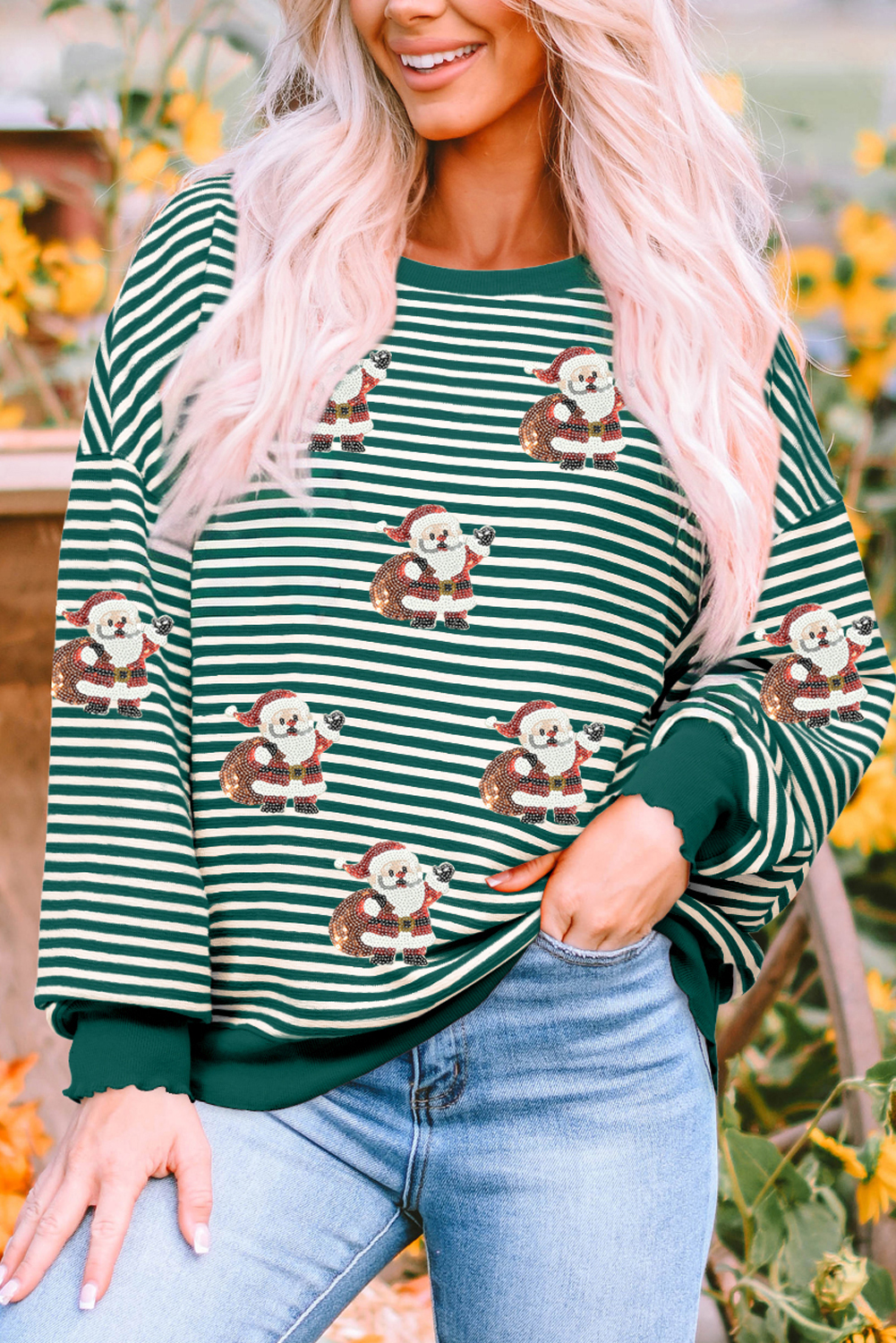 Green Stripe Santa Claus Delivering Gifts Sequin Graphic Long Sleeve Top