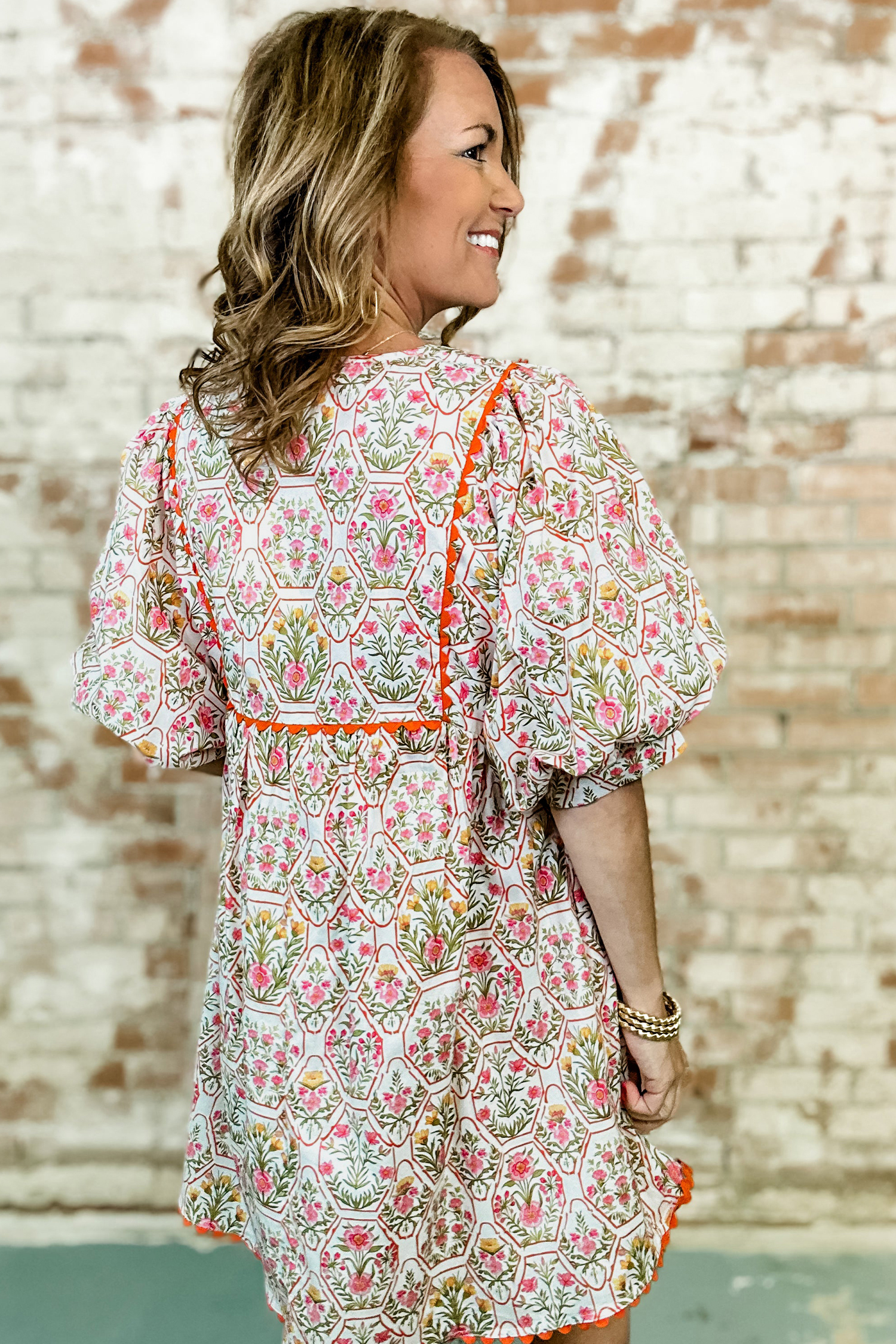 Pink Floral Print Tassel Tie V Neck Scalloped Detail Loose Mini Dress