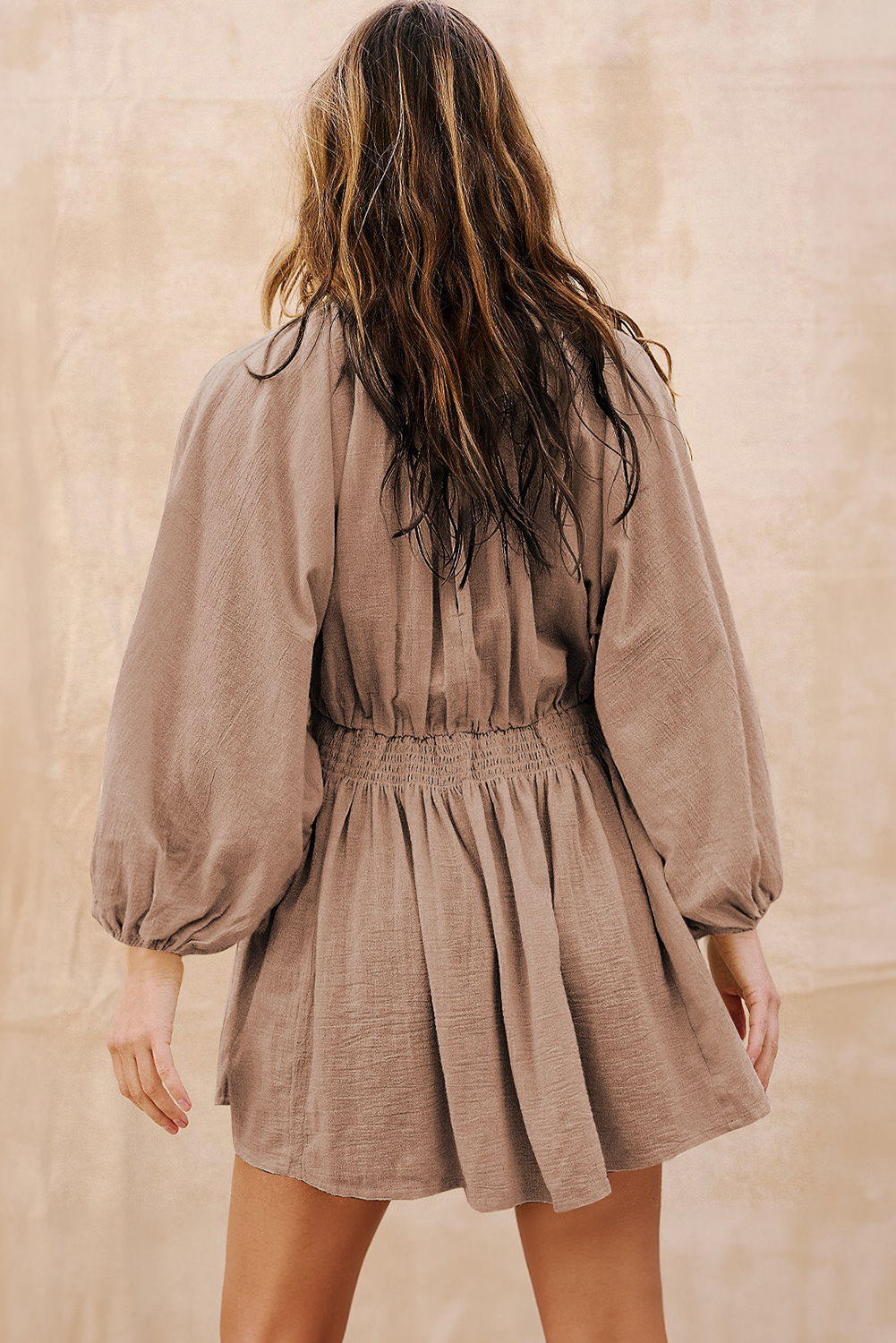 Smoke Gray Deep V Neck Bubble Sleeve Smocked Mini Dress