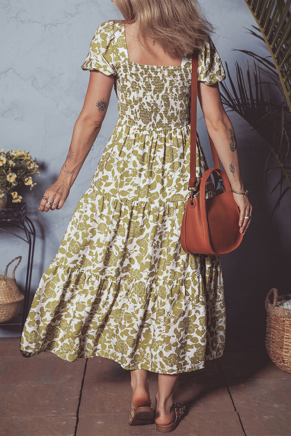 Yellow Boho Floral Square Neck Smocked Bust Puff Sleeve Tiered Long Dress