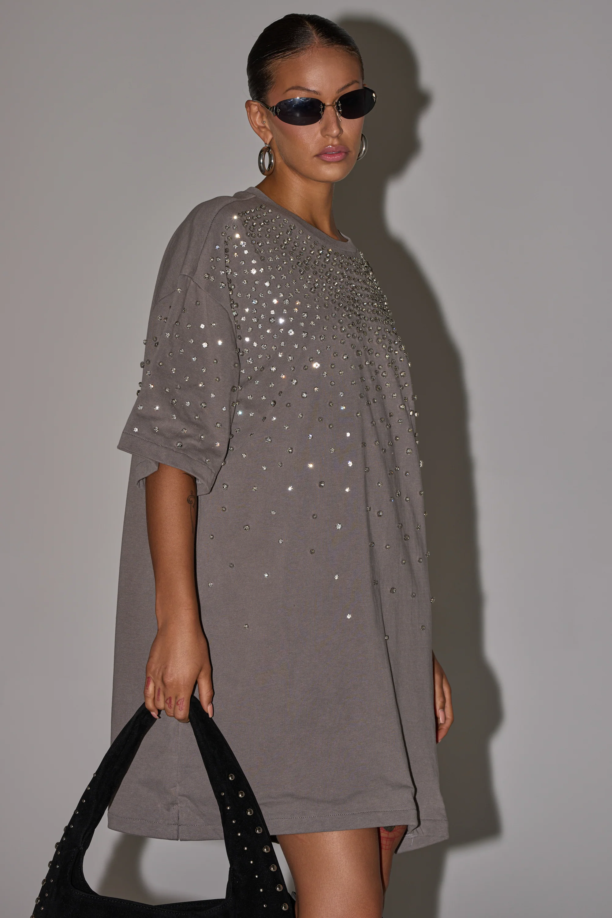 IN MY ELEMENT RHINESTONE TEE SHIRT MINI DRESS - Akira Wear