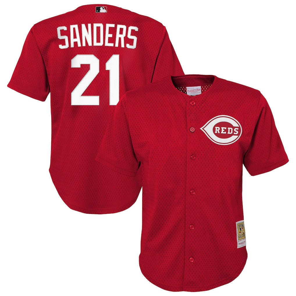 Youth Cincinnati Reds Deion Sanders Mitchell & Ness Red Cooperstown Mesh Batting Practice Jersey - Jersey