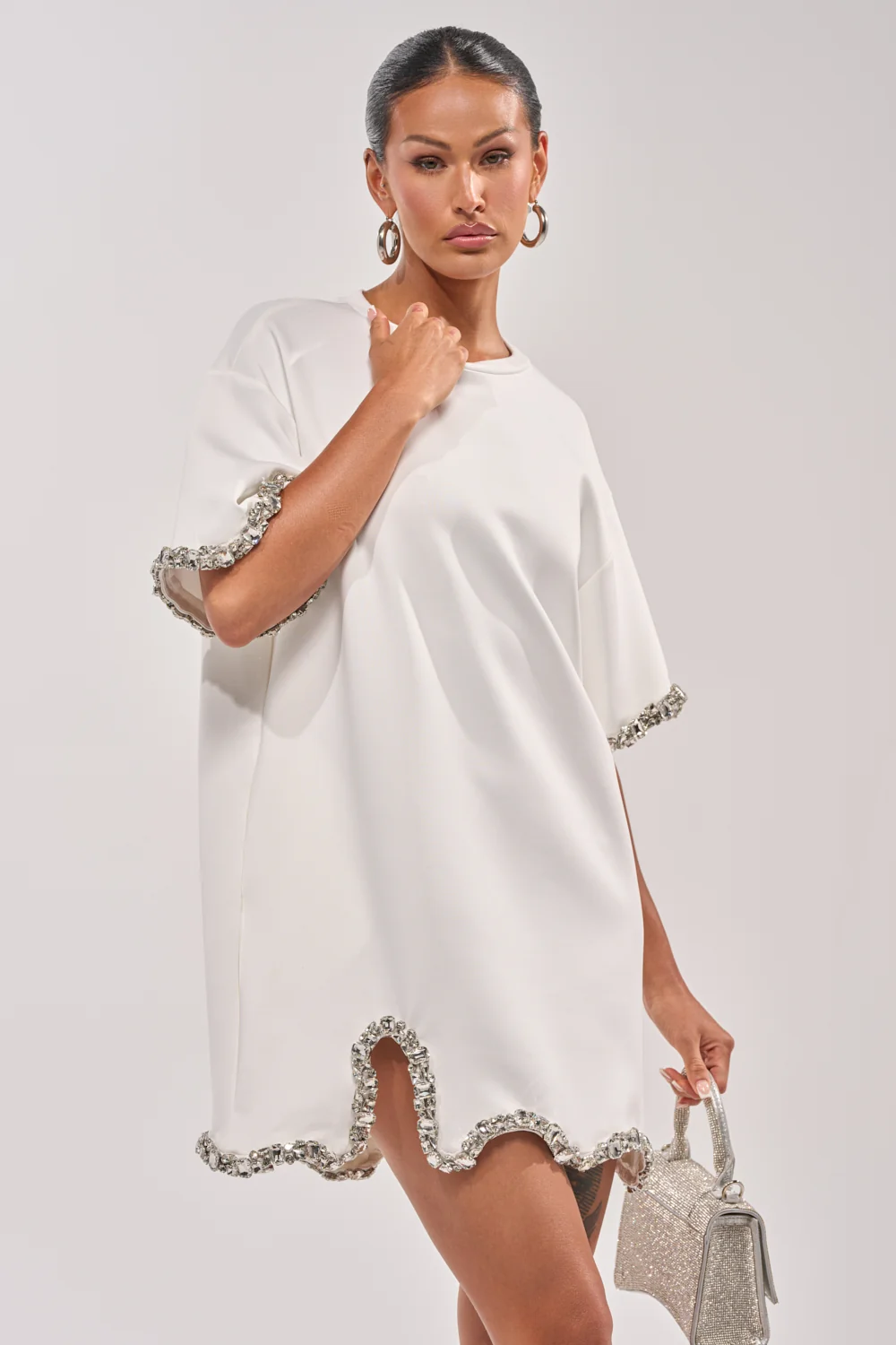 COOL GIRL EMBELLISHED TEE SHIRT DRESS IN WHITE - Akira Wear