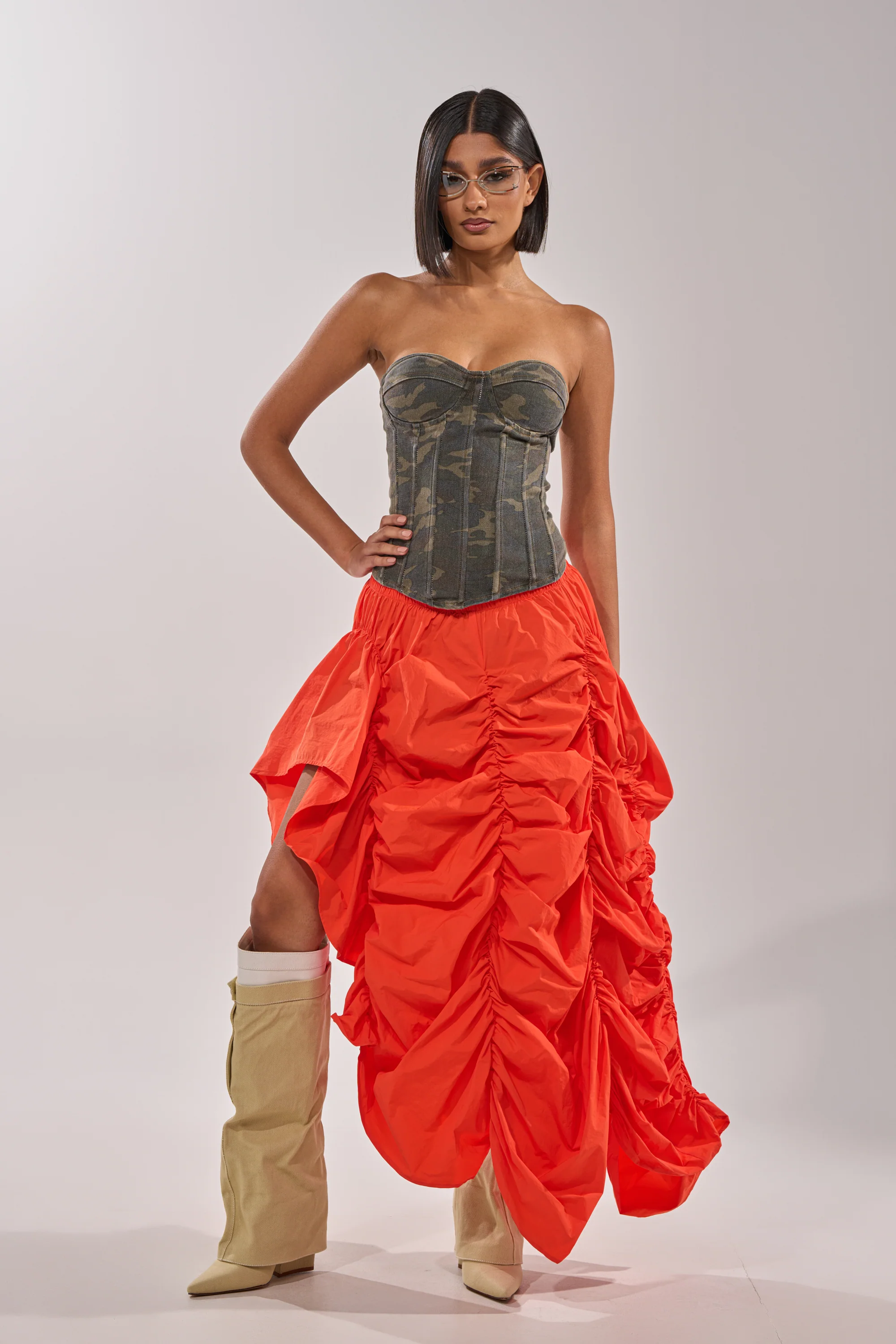LETS CHANGE IT UP RUCHED MIDI SKIRT IN ORANGE - Akira Wear