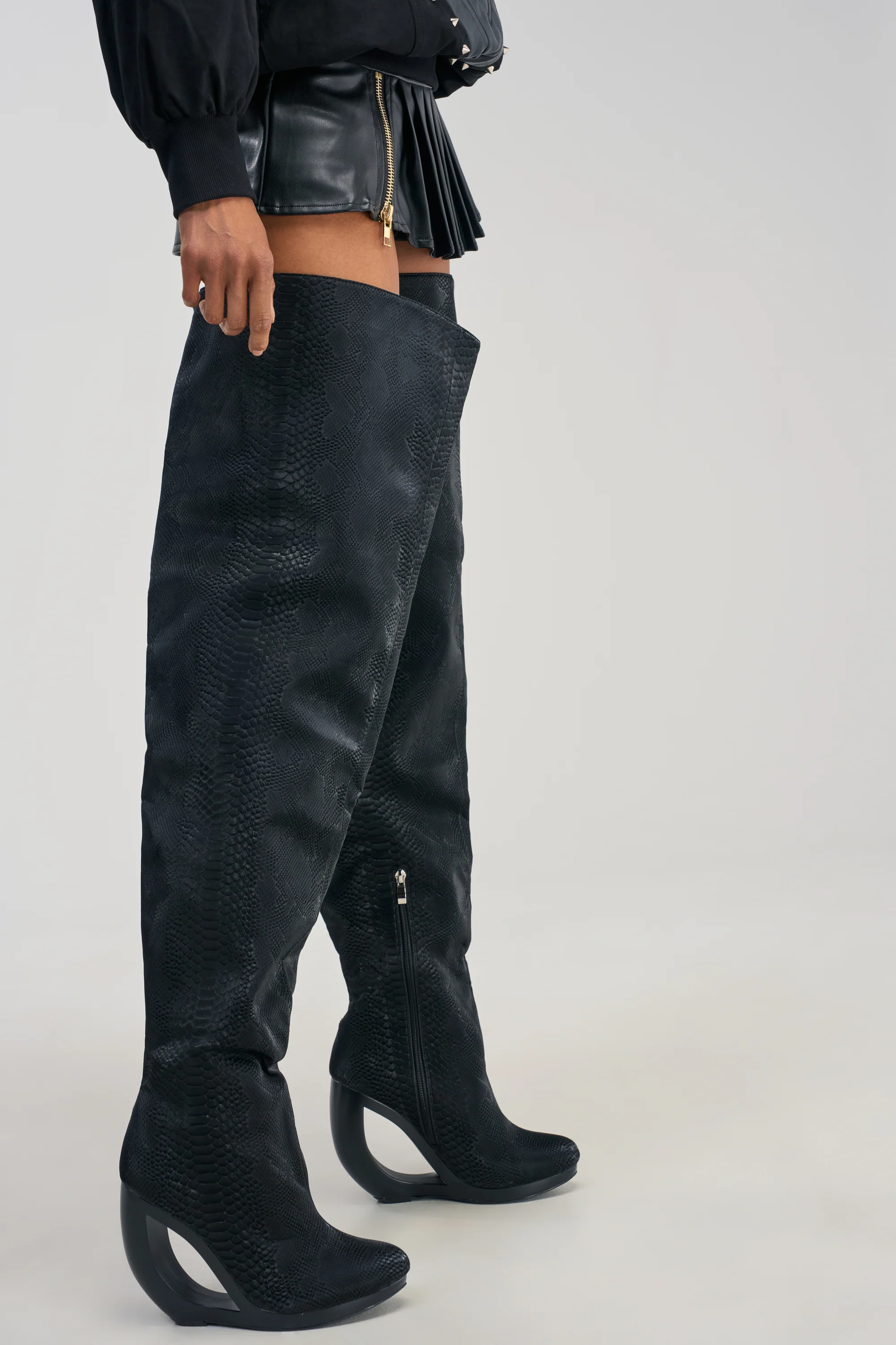 AZALEA WANG ASA BLACK SNAKE OPEN WEDGE THIGH HIGH BOOT - Akira Wear
