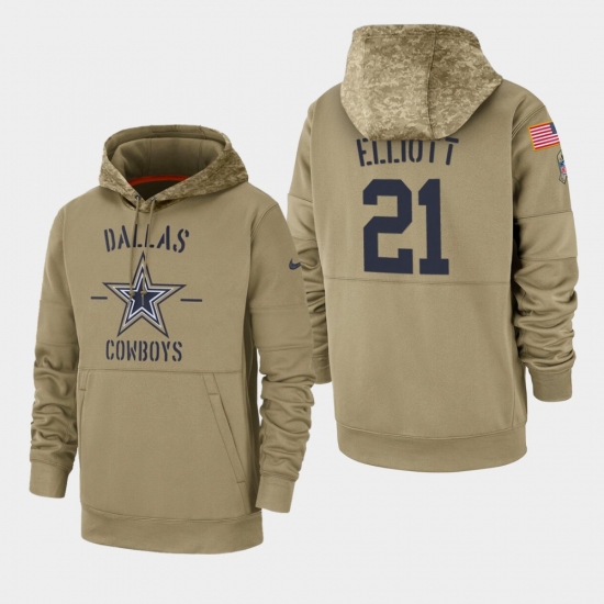 Men's Dallas Cowboys #21 Ezekiel Elliott 2019 Salute to Service Sideline Therma Pullover Hoodie - Tan - Jersey