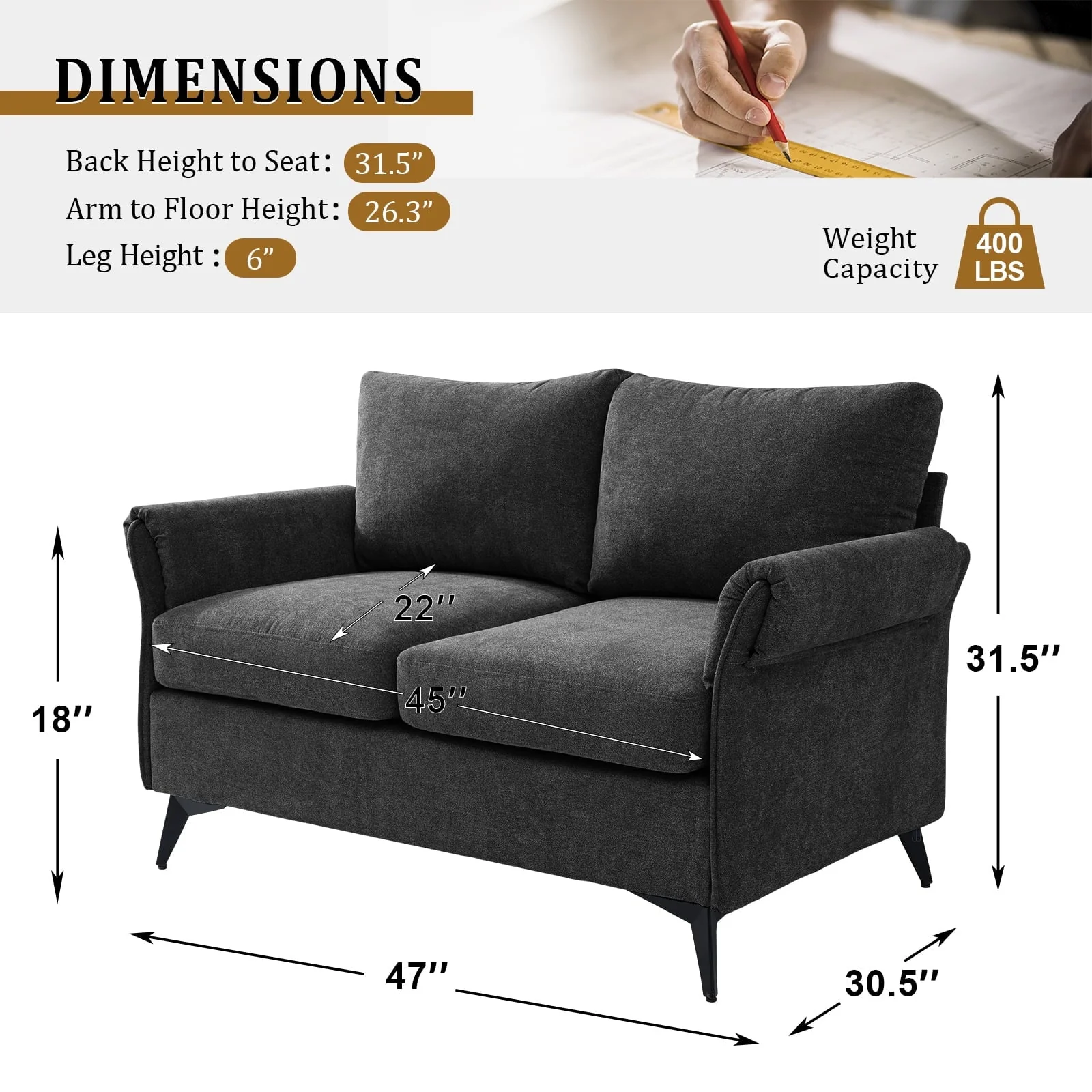Fairyland Modern Sofa for Living Room, Small Loveseat for Small Space, Easy to Install, Grey