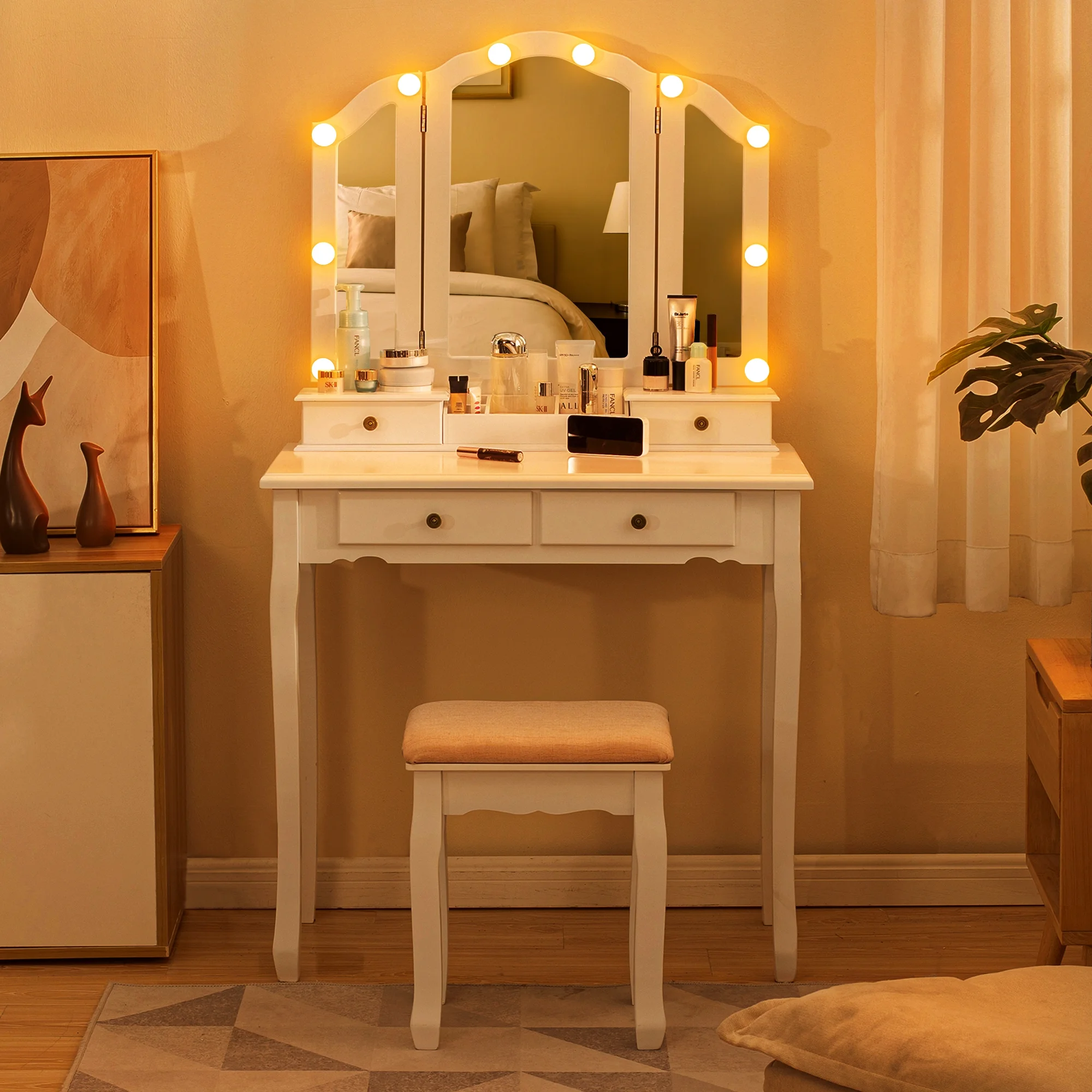 LilyFantasy Makeup Vanity with Lights, Vanity Desk with Cushioned Stool, Tri-fold Vanity Table Set with 4 Drawers, 3 Adjustable Light Modes, 2 Brush Slots, 2 Open Compartments for Girls, Women, White