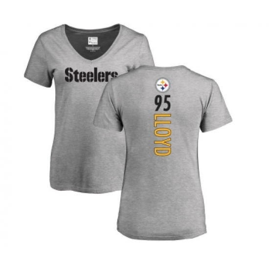 Football Women's Pittsburgh Steelers #95 Greg Lloyd Ash Backer V-Neck T-Shirt - Jersey