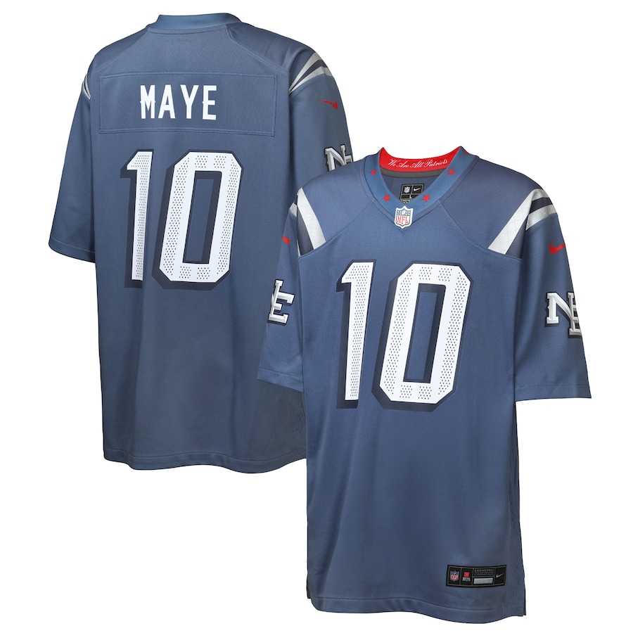 Youth New England Patriots Drake Maye Nike Storm Blue 2025 Rivalries Collection Game Jersey - Jersey