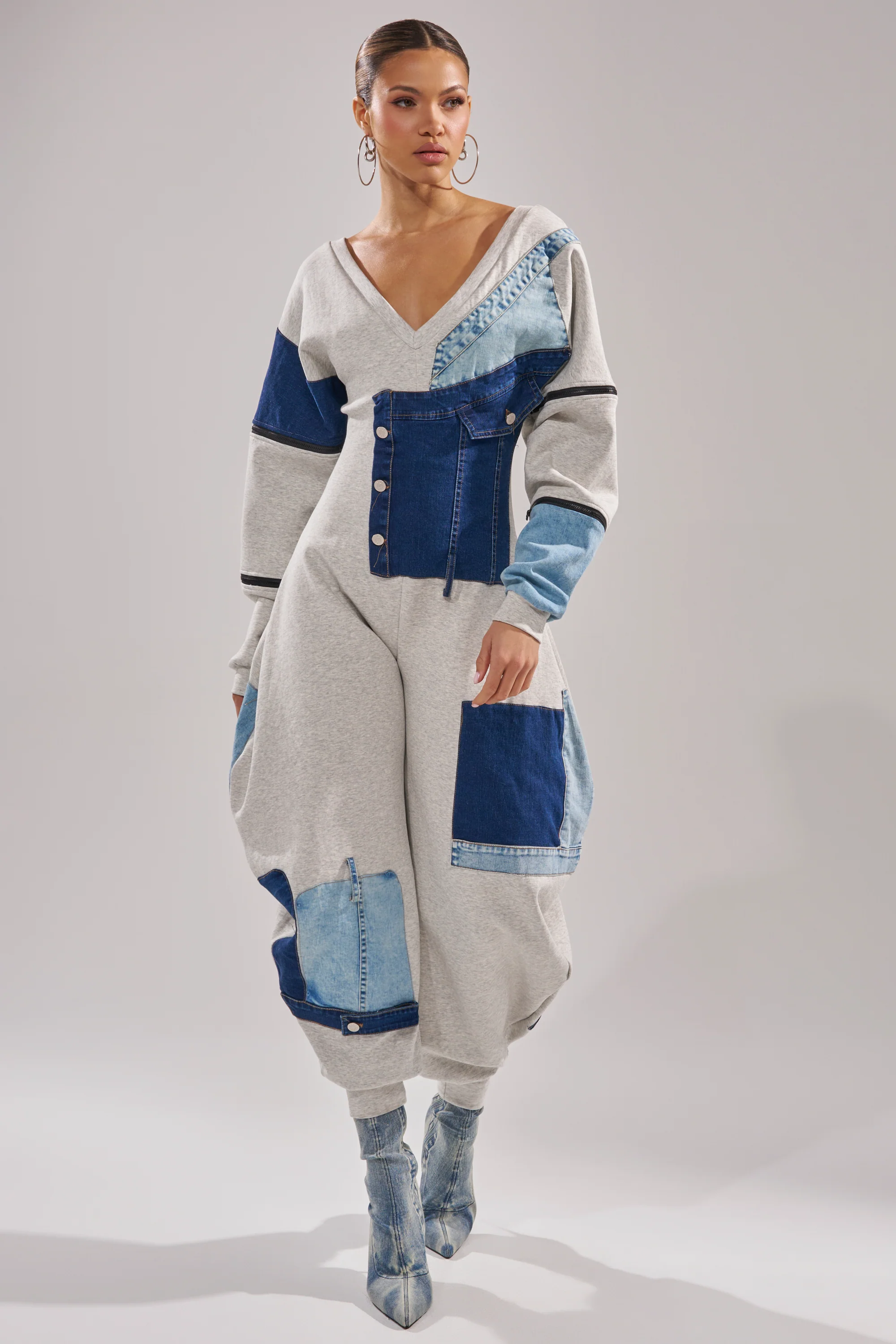 COMFY COZY PATCHWORK JUMPSUIT IN HEATHER GREY - Akira Wear