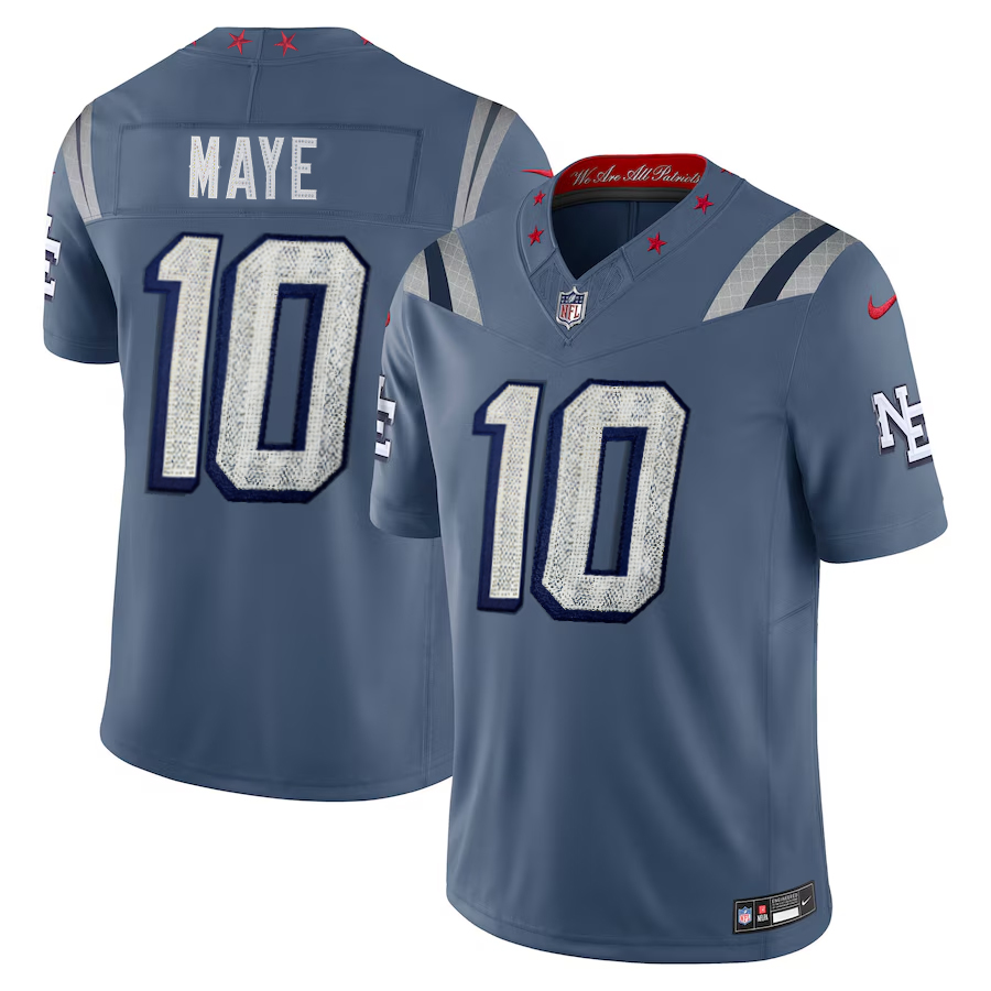 [Diamond-Studded Collector's Edition] New England Patriots Drake Maye Nike Storm Blue 2025 Rivalries Collection Game Jersey - Jersey