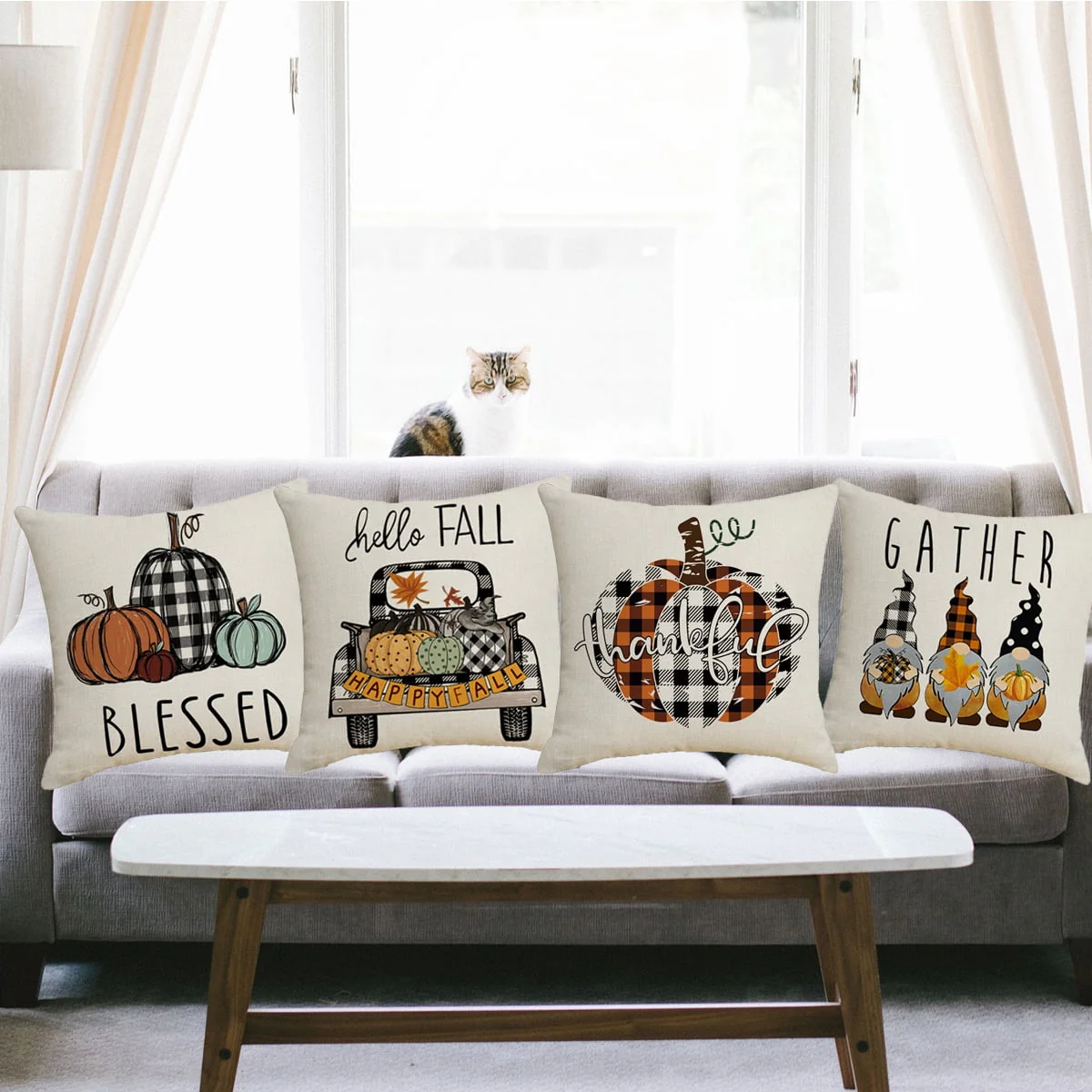 Thanksgiving Throw Pillow Covers for Thanksgiving Decor Farmhouse Buffalo Check Plaid Pumpkin Outdoor Pillows for Thanksgiving day Home Decor 18x18 in, Set of 4