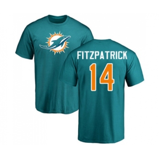 Football Miami Dolphins #14 Ryan Fitzpatrick Aqua Green Name & Number Logo T-Shirt - Jersey