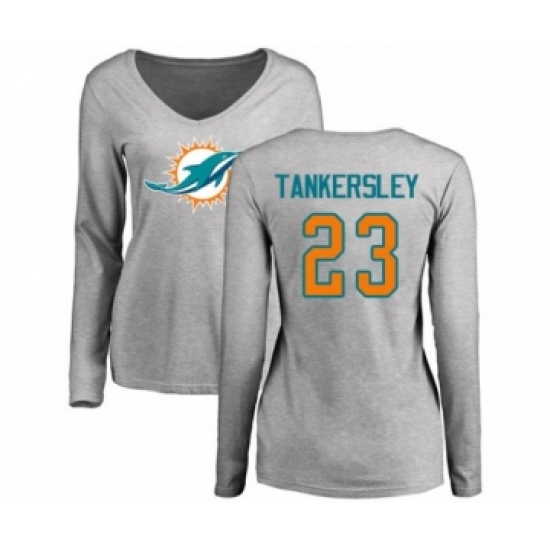 Football Women's Miami Dolphins #23 Cordrea Tankersley Ash Name & Number Logo Long Sleeve T-Shirt - Jersey