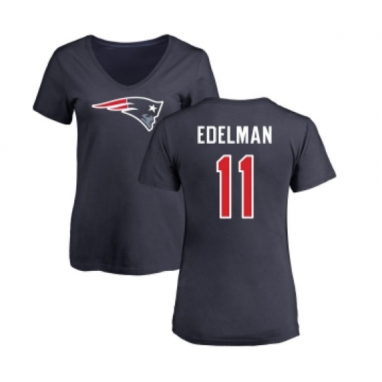 Football Women's New England Patriots #11 Julian Edelman Navy Blue Name & Number Logo Slim Fit T-Shirt - Jersey