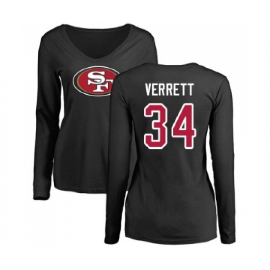 Football Women's San Francisco 49ers #34 Jason Verrett Black Name & Number Logo Long Sleeve T-Shirt - Jersey