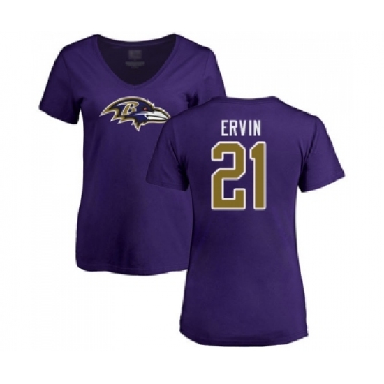 Football Women's Baltimore Ravens #21 Tyler Ervin Purple Name & Number Logo T-Shirt - Jersey