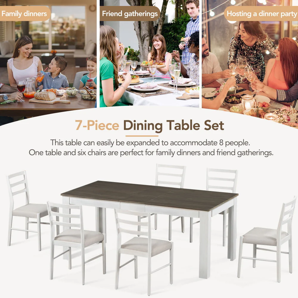 7-Piece Dining Furniture Set, Wooden Rectangular Dining Table with Six Padded Dining Chairs and Two Drawers, Retro Kitchen Furniture Set with Extendable Tabletop for Dining Room, White&Brown