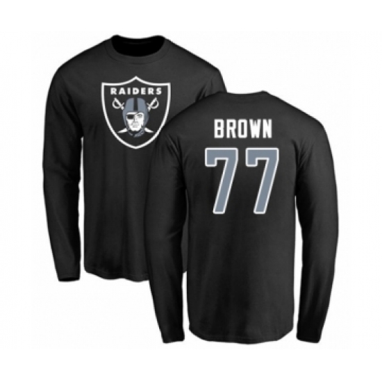 Football Oakland Raiders #77 Trent Brown Black Name & Number Logo Long Sleeve T-Shirt - Jersey